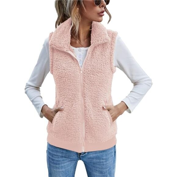 New Womens Fuzzy Fleece Vest, Casual Warm Sleeveless Zip Up Sherpa Vest - Picture 1 of 5